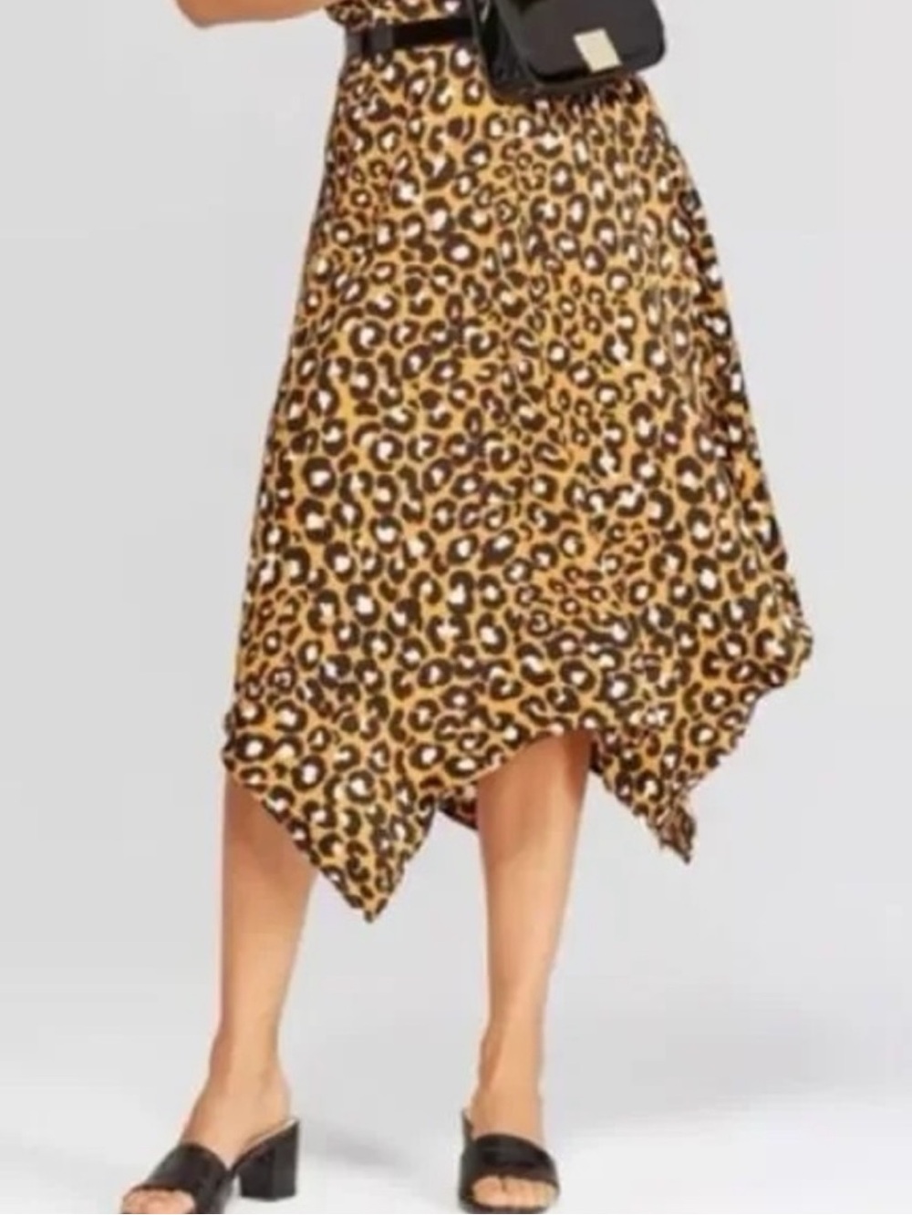 WHO WHAT WEAR Leopard Print Midi Skirt Asymmetrical Handkerchief Hem Size 8